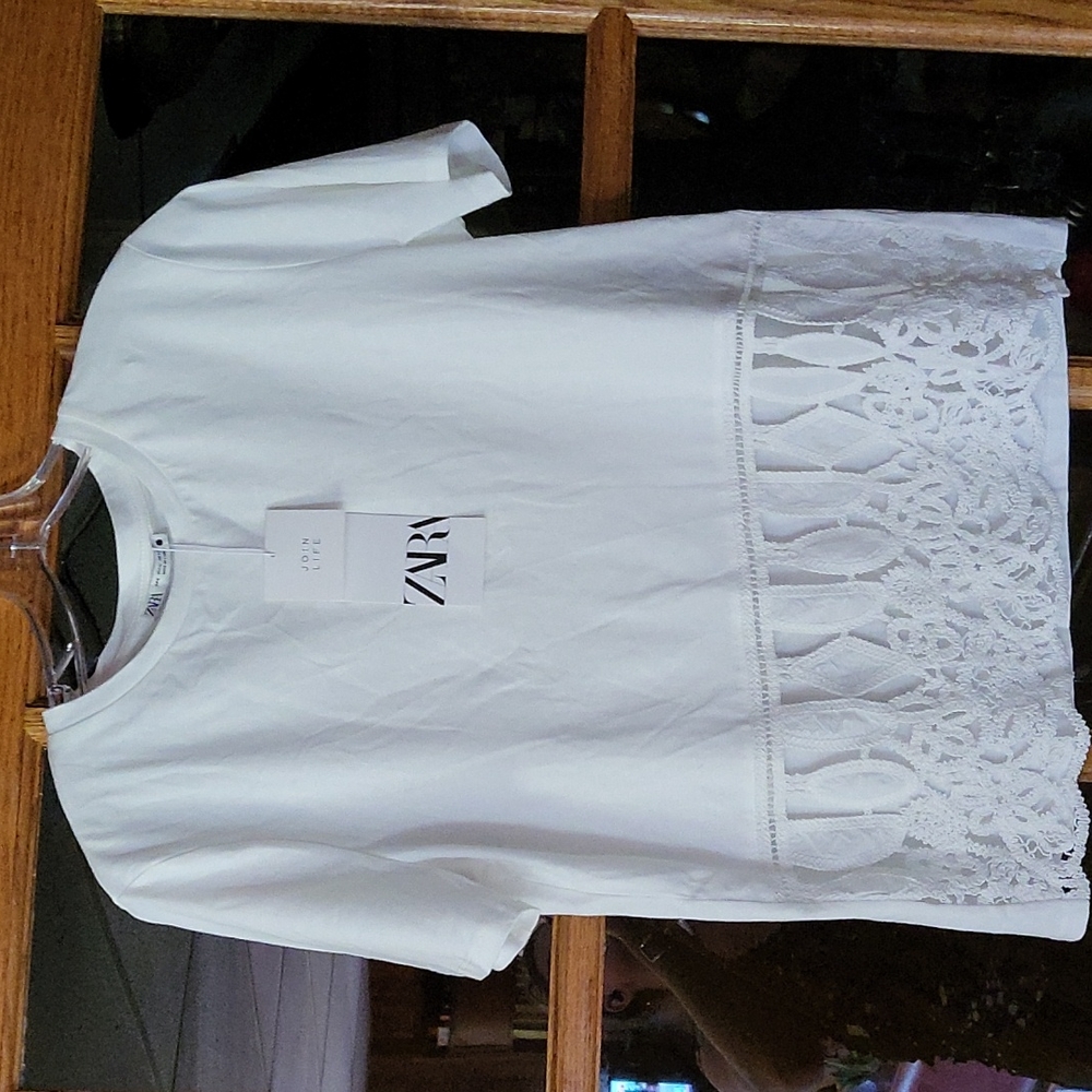 Zara White Short Sleeve Lace Tee